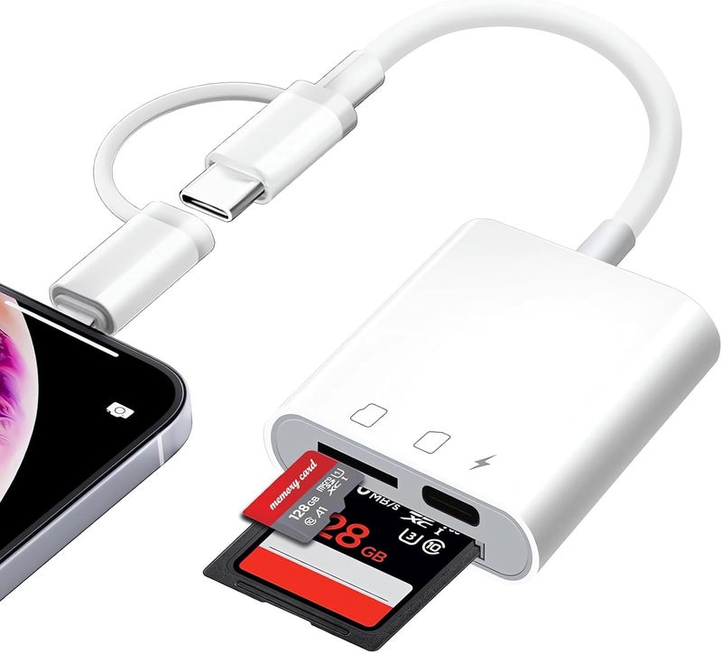 Denlane SD Card Reader for iPhone iPad Mac Dual Connector, Digital Camera Memory Card Adapter to iPhone with SD/Micro SD/Charging Slot, Lightning & USB C SD Card Viewer for Photography, Plug and Play - Image 1